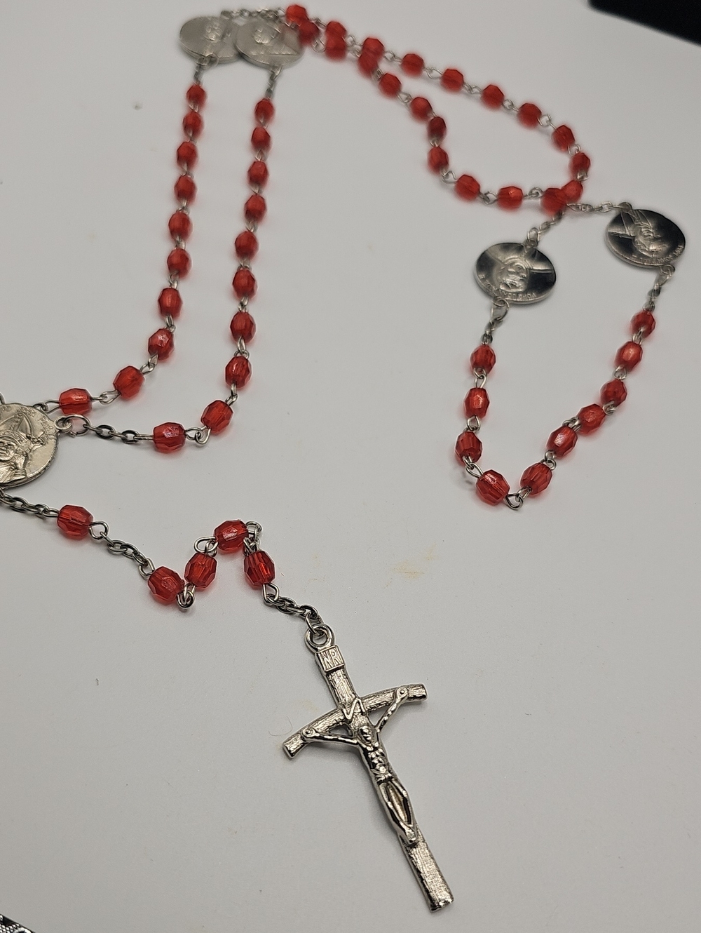 Red Bead Rosary Necklace with Silver Crucifix Pope John Paul. 23" Long.